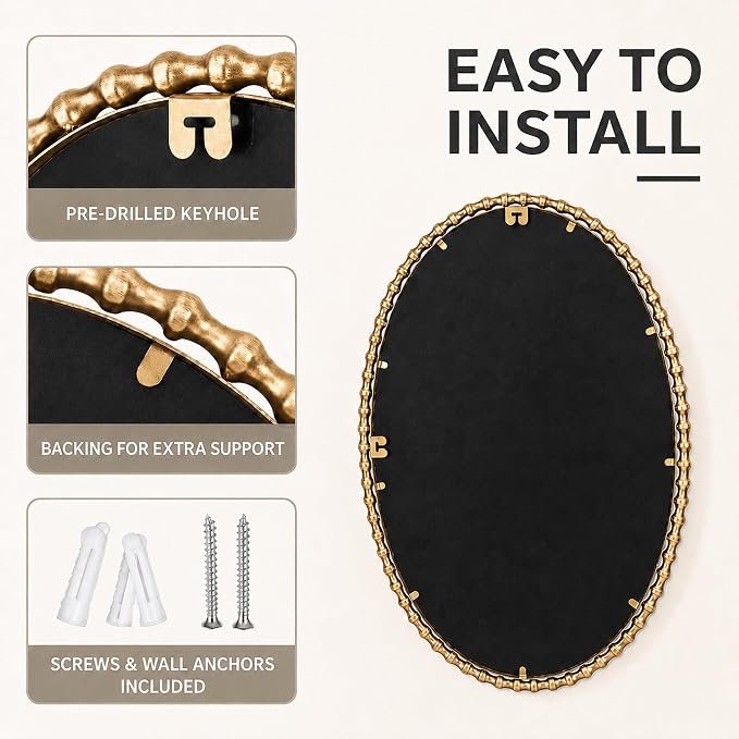 24"x36" Oval Wall Mirror, Antique Gold Bold Beaded Frame | Decorative oval mirror hangs vertically or horizontally for bathroom vanity, powder room, bedroom, entryway, or living room