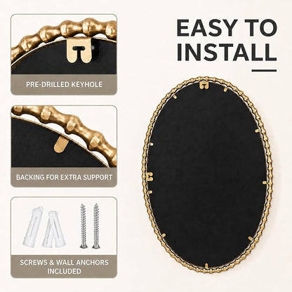 24"x36" Oval Wall Mirror, Antique Gold Bold Beaded Frame | Decorative oval mirror hangs vertically or horizontally for bathroom vanity, powder room, bedroom, entryway, or living room