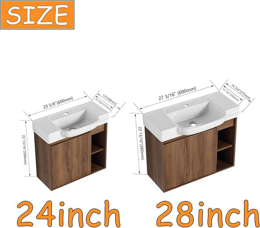 28" Wall-Mounted Bathroom Vanity with Ceramic Sink, 28 Inch Floating Single Sink Vanity Cabinet Modern Brown 1-Door Design with Storage Shelf (Space-Saving for Small Bathrooms)