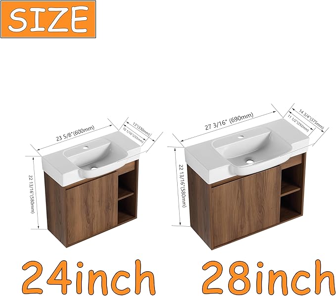 24" Wall-Mounted Bathroom Vanity with Ceramic Sink, 24 inch Floating Single Sink Vanity Cabinet Modern Brown 1-Door Design with Storage Shelf (Space-Saving for Small Bathrooms)
