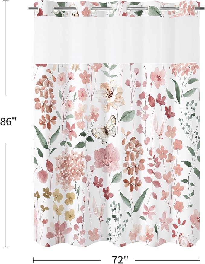 Litabel No Hook Pink Watercolor Floral Shower Curtain and Liner Set, 72x86 | Spring Flower Shower Curtains with Snap-in Liner for Farmhouse Bathroom Decor, Botanical Bathroom Curtain with Leaves