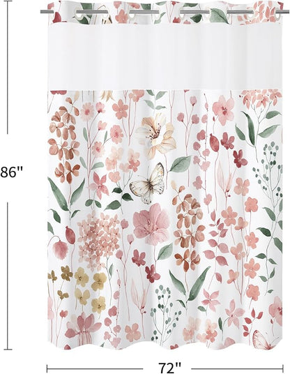 Litabel No Hook Pink Watercolor Floral Shower Curtain and Liner Set, 72x86 | Spring Flower Shower Curtains with Snap-in Liner for Farmhouse Bathroom Decor, Botanical Bathroom Curtain with Leaves