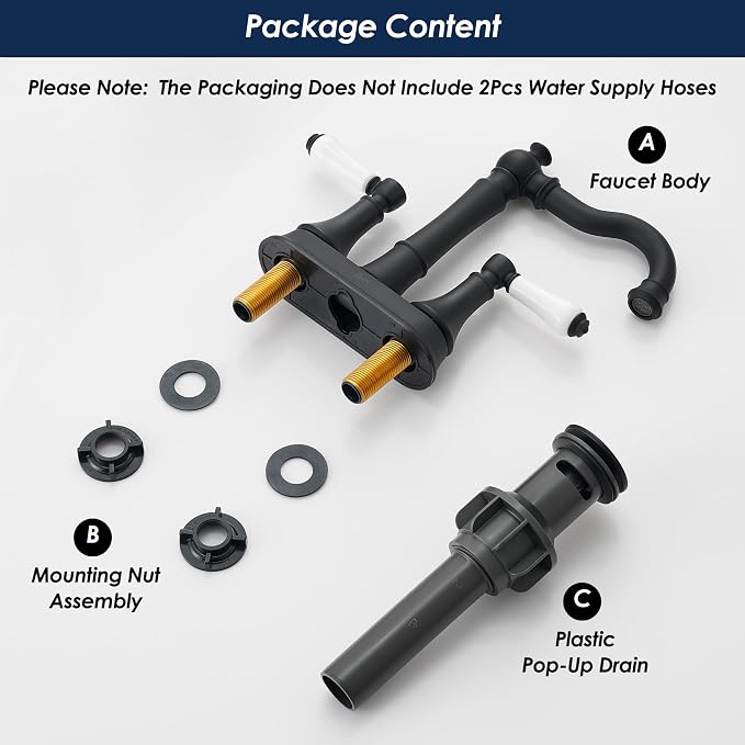 Porcelain 2-Handle Matte Black Bathroom Faucet 4 Inch Centerset | with Plastic Pop-up Drain, Classical Black Bath Lavatory Vanity Faucets for 2/3 Hole Sinks, High Arc 360° Swivel Brass Spout