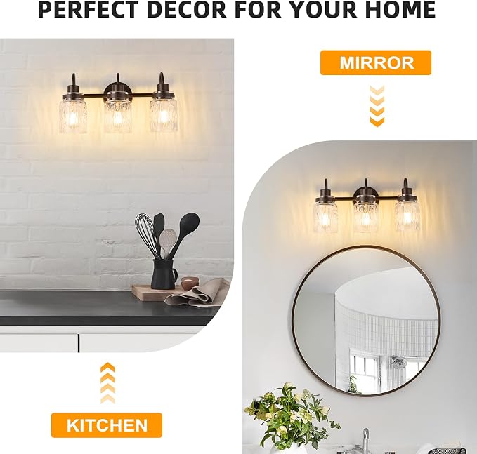 3 Lights Bathroom Vanity Light, Oil Rubbed Bronze Bathroom Light Fixtures with Hammered Glass Lampshade for Dressing Table,Over Mirror,Hallway