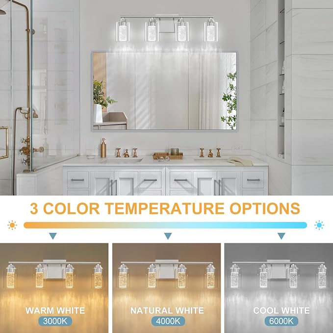 4-Light Brushed Nickel Bathroom Vanity Light with 3 Color Modes (3000K/4000K/6000K), Dimmable Modern Wall Light Over Mirror with Clear Glass Shade