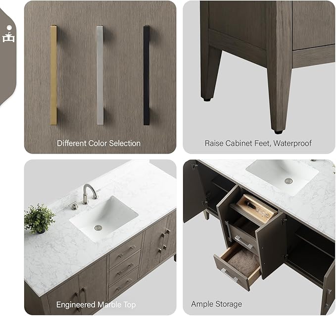 Vanity Art 60 inch Bathroom Vanity with Single Sink & Ceramic Top, Vanity Cabinet with Soft-Closing Doors, Drawers, Solid Wood Frame, Driftwood Gray, VA9060-SDG-BN1