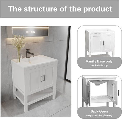 24" White Bathroom Vanity Base Only – Freestanding Solid Wood Sink Cabinet with Open Shelf Storage, Shaker Style Bath Vanity Cabinet, No Top, 36" W x 21" D x 34.5" H