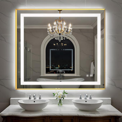 40X36 Inch LED Bathroom Mirror with Lights, Gold Frame Frontlit+ Backlit Bathroom Vanity Mirror for Wall, Ultra-Clear Tempered Glass, Shatter-Proof, Anti-Fog and Memory Function, ETL Listed
