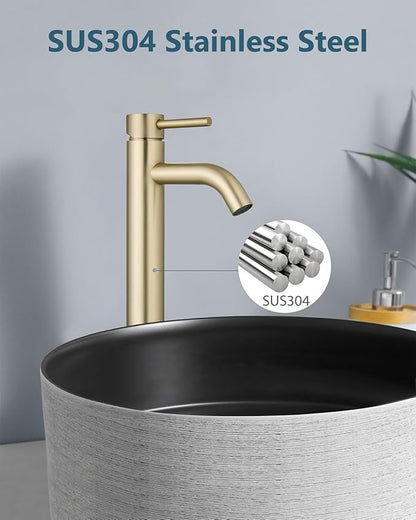 Aolemi Vessel Sink Faucet – SUS304 Stainless Steel Tall Bathroom Faucet,Single Lever Handle,1 Hole Bathroom Faucets with Supply Lines and Pop Up Drain,Brushed Gold