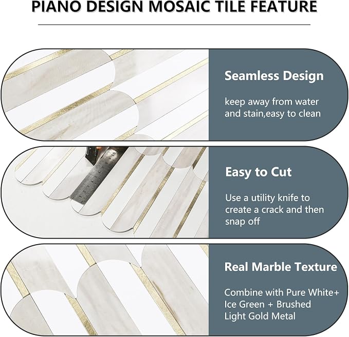 Vamos Tile Peel and Stick Backsplash Seamless Tile for Kitchen and Bathroom,White and Glossy Wooden Marble PVC Mixed Light Gold Self Adhesive Fish Scale Metal Mosaic Tiles (10 Sheets)