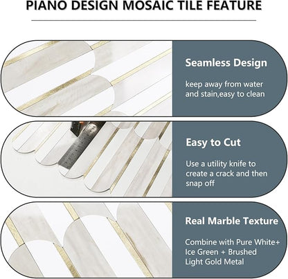 Vamos Tile Peel and Stick Backsplash Seamless Tile for Kitchen and Bathroom,White and Glossy Wooden Marble PVC Mixed Light Gold Self Adhesive Fish Scale Metal Mosaic Tiles (10 Sheets)