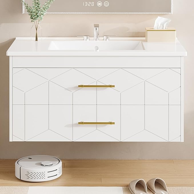 Garvee 36" Bathroom Vanity with Sink, Floating Bathroom Vanity with Ceramic Basin, 2 Large Storage Drawers with Gold Metal Handle, Modern Wall Mounted Bathroom Cabinet with Sink, White