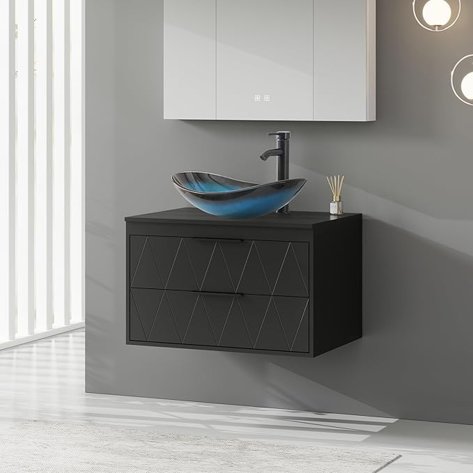 eclife 30" Floating Bathroom Vanities with Sink Combo, Wall Mounted Modern Cabinet W/Diamond Line Pattern Design, Blue Boat Glass Vessel Sink W/Water Save Faucet & Pop Up Drain, Black