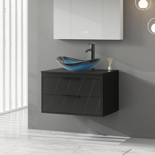 eclife 30" Floating Bathroom Vanities with Sink Combo, Wall Mounted Modern Cabinet W/Diamond Line Pattern Design, Blue Boat Glass Vessel Sink W/Water Save Faucet & Pop Up Drain, Black