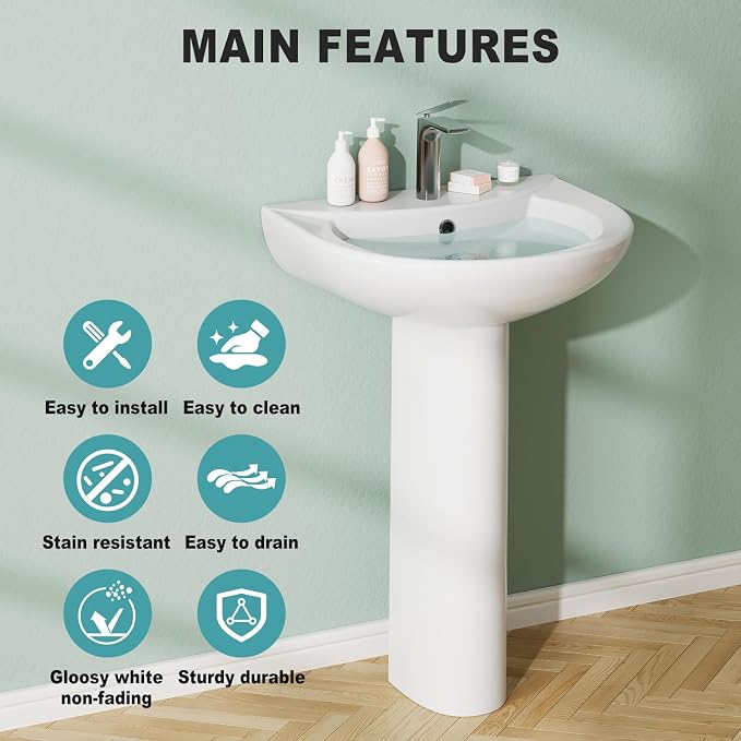 Bathroom Pedestal Sink 20 X 17 Inch | Ceramic Basin with Overflow, Single Faucet Hole, Space-Saving Design for Small Bathrooms