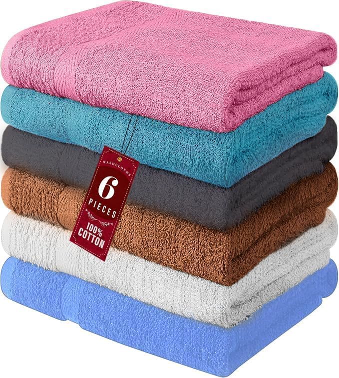 QUBA LINEN 100% Cotton Bath Towel Set – Soft, Absorbent Towels for Bathroom, Spa & Gym Use – Durable, Reusable & Machine Washable Bath Towels - Multicolor, 27x54 Inches, Pack of 6