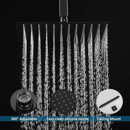 12 Inch Ceiling Mount Matte Black Shower System Bathroom Luxury Rain Mixer Shower Combo Set Ceiling Rainfall Shower Head System (Contain Shower Faucet Rough-in Valve Body and Trim Kit)