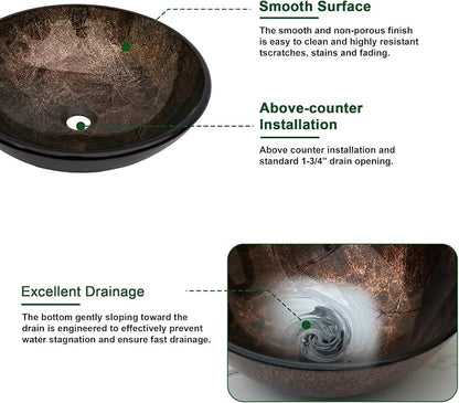 Sarlai Round Vessel Sink Tempered Glass Bathroom Vessel Sink with Faucet and Pop-up Drain Combo 16-1/2 x 16-1/2 Inch Brown Countertop Bathroom Sink Basin