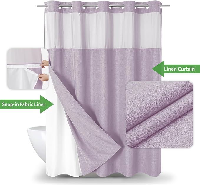 eachope No Hook Fabric Shower Curtain Set with Snap-in Liner,71x80 Lavender | Linen Texture,230GSM Thick Fabric,Hotel Luxury Decor,Mesh Window,Bottom magnetic ,Waterproof & Machine Washable,for Bathroom