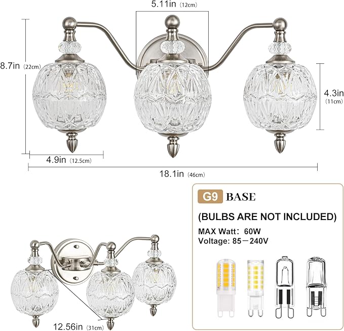 Brushed Nickel Bathroom Vanity Light, 3-Light Mid Century Modern Brushed Nickel Finish Wall Sconce with Globe Glass Shades, Modern Mirror Light for Bathroom, Powder Room