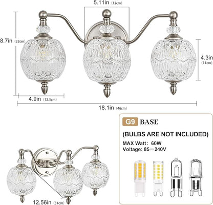 Brushed Nickel Bathroom Vanity Light, 3-Light Mid Century Modern Brushed Nickel Finish Wall Sconce with Globe Glass Shades, Modern Mirror Light for Bathroom, Powder Room