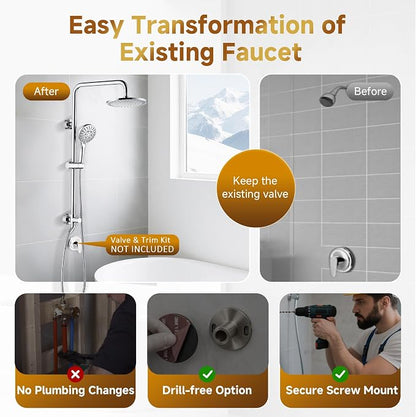 BRIGHT SHOWERS Rain Shower Heads System Including Rainfall Shower Head and Handheld Shower Head with Height Adjustable Holder, Solid Brass Rail, 60 Inch Long Stainless Steel Shower Hose, Chrome