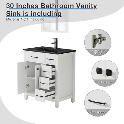 LUCKWIND 30" Modern Bathroom Vanity with Black Sink, Painted Storage Cabinet with Undermounted Black Sink, Two Doors and Three Drawers, Include Faucet Without Mirror, White