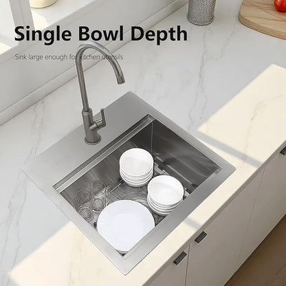 Bar Sink, 15 x 15 Inch Stainless Steel Single Bowl Topmount Small Outdoor RV Handmade Sink with Bottom Rack and Cutting Board