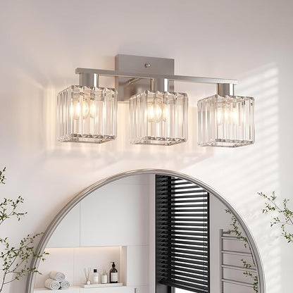 Crystal Bathroom Light Fixtures, 3-Light Brushed Nickel, Vanity Lights for Bathroom Over Mirror, Modern Bath Wall Sconce for Mirror Bedroom Living Room