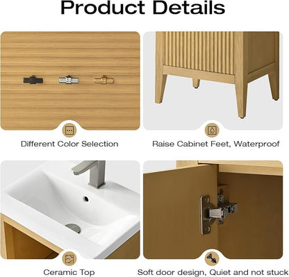 Vanity Art 20 inch Oak Bathroom Vanity with Single Sink & Ceramic Top, Vanity Cabinet with Soft-Closing Door, Solid Wood Frame, Linear Pattern, Natural Oak, VA9120-NO-MB,Matte Black Handles