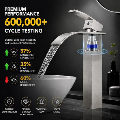VOTON Vessel Sink Faucet Brushed Nickel Modern Tall Waterfall Bathroom Sink Faucet with Pop-Up Drain Single Handle Bathroom Faucet 1 Hole Bowl Lavatory Vanity Faucet, Rv Sink Camper Farmhouse Faucet
