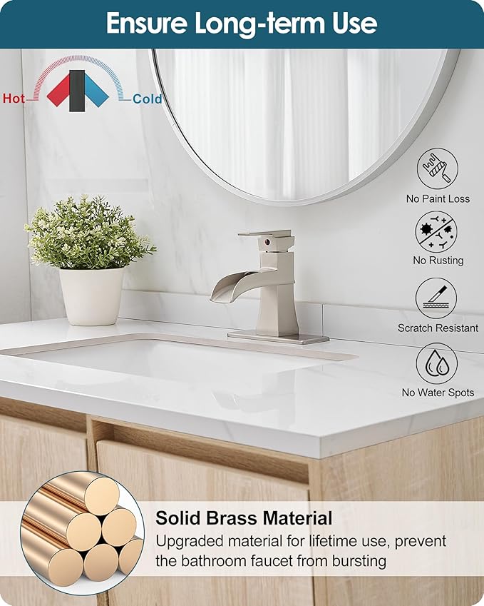 Single Hole Bathroom Faucet 3 Hole (4 Inch), Brass Waterfall Faucet Single Handle, Bathroom Faucets Brushed Nickel Bathroom Sink Faucet with Deck Plate & Pre-Install Hoses Without Pop-up Drain