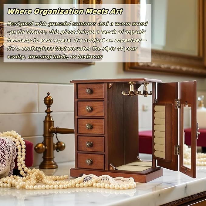 Vintage Wood Jewelry Box with 5 Drawers, Desktop Jewelry Organizer with Glass Door & Mirror, Necklace Ring Storage Display Case Built-in Necklace Carousel, Brown (Dark Brown, 5 Drawers)