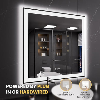 LOAAO 32"X32" LED Bathroom Mirror Black Framed | Anti-Fog, Dimmable, Memory Function, Tempered Glass, Lighted Vanity Mirror for Wall