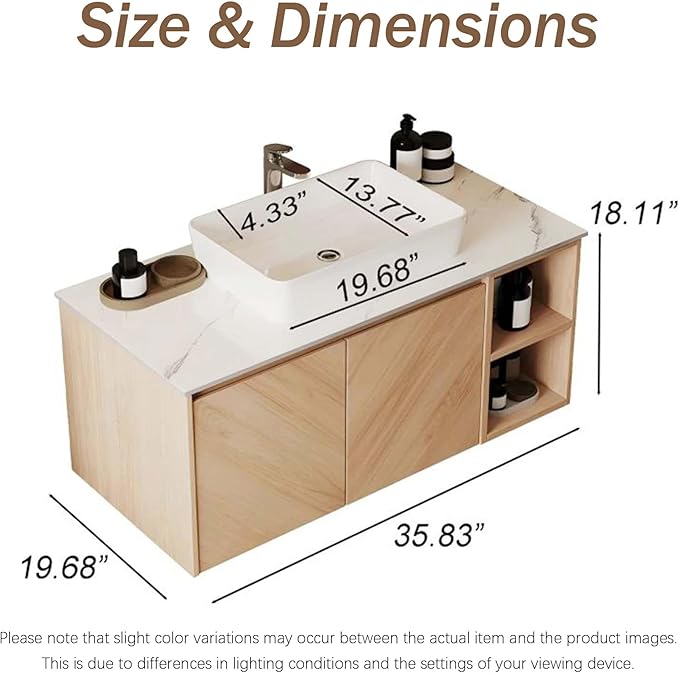 36 Inch Floating Vanity Bathroom with Single Sink, Wall-Mounted Floating Bathroom Cabinet with Sintered Stone Countertop & White Ceramic Basin, Ample Storage and Open Shelves, Light Wood