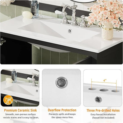 36" Freestanding Bathroom Vanity with Sink, Floor Stand Bathroom Storage Cabinet with Ceramic Sink, Doors with Double-Layered Storage Shelves, Modern Compact Vanity with Divided Drawer, Black