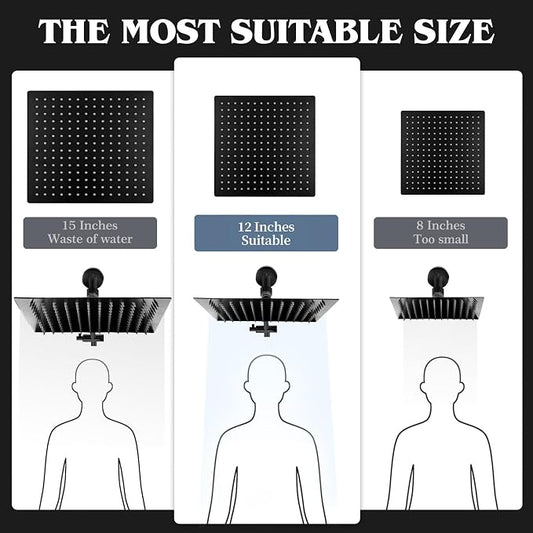 12 Inch Shower Head, Rain Shower Head with Adustable Extension Arm, Detachable Matte Black Rina Shower Head with Handheld Spray, High Pressure Shower Hose with Holder in Bathroom(Black)