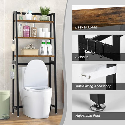 VASMIA Over The Toilet Storage Shelf,3-Tier Bathroom Organizer Over Toilet Storage Cabinet,Freestanding Space Saver with 3 Hooks Black and Rustic Brown