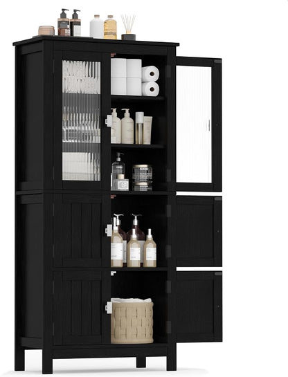 Akxomel 53.1" Tall Bathroom Cabinet 6 Doors Linen Floor Storage Cabinet | Bathroom Floor Cabinet with Adjustable Shelf, Pantry Cabinet for Living Room, Kitchen, Entryway, Black