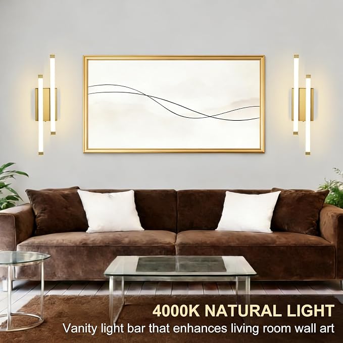Bathroom Vanity Light Bar, 24 Inch Modern LED Bath Light, 18W 3 CCT 3000K 4000K 6000K Dimmable Hardwired Acrylic Vanity Light Bar Over Mirror, Gold, Bathroom, Bedroom, Hallway, Powder Room, Washroom