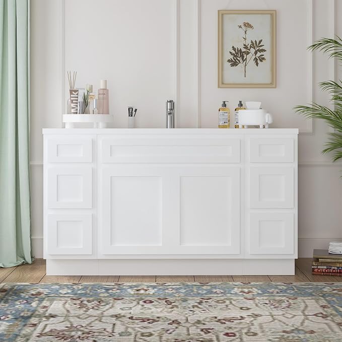 HomeBeyond 63 Inch Bathroom Vanity Base Only, Single Vanity Cabinet with Dove-Tailed Drawers, Soft-Closing Doors, White, Without Top,Small