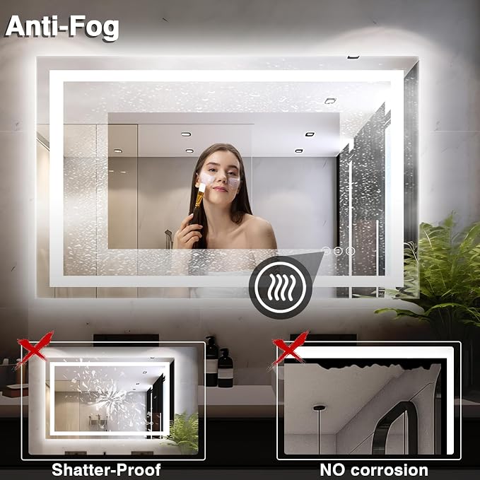 EchosLife 48"x32" LED Bathroom Mirrors for Wall | Backlit + Front Lit, Anti-Fog, Stepless Dimmable, 3 Colors, Memory, Tempered Glass, UL Listed, Horizontal/Vertical