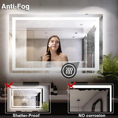 EchosLife 48"x32" LED Bathroom Mirrors for Wall | Backlit + Front Lit, Anti-Fog, Stepless Dimmable, 3 Colors, Memory, Tempered Glass, UL Listed, Horizontal/Vertical