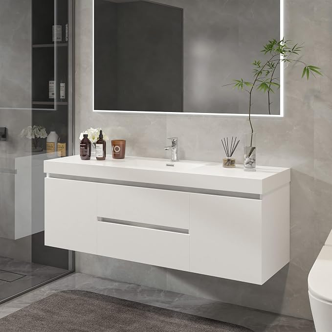 Vanity Art 60 Inch Single Sink Wall Mounted Bathroom Vanity Set 2 Drawers Storage Cabinet with White Engineered Stone Top Undermount Rectangle Sink High-Glossy