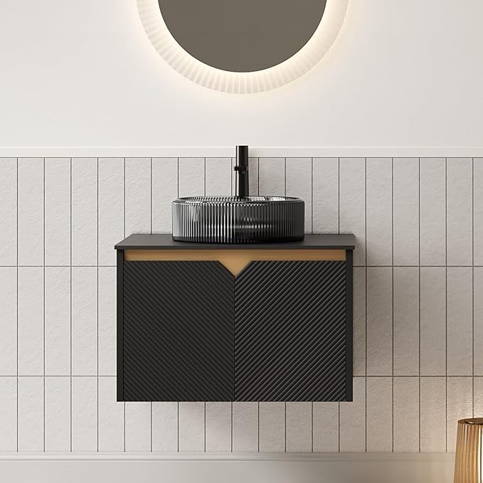 24 Inch Bathroom Vanity with Sink, Floating Fluted Vanity with Vessel Sink, Small Wall Mounted Bathroom Vanity Cabinet with 2 Doors, Glass Sink & Sintered Stone Top, Black