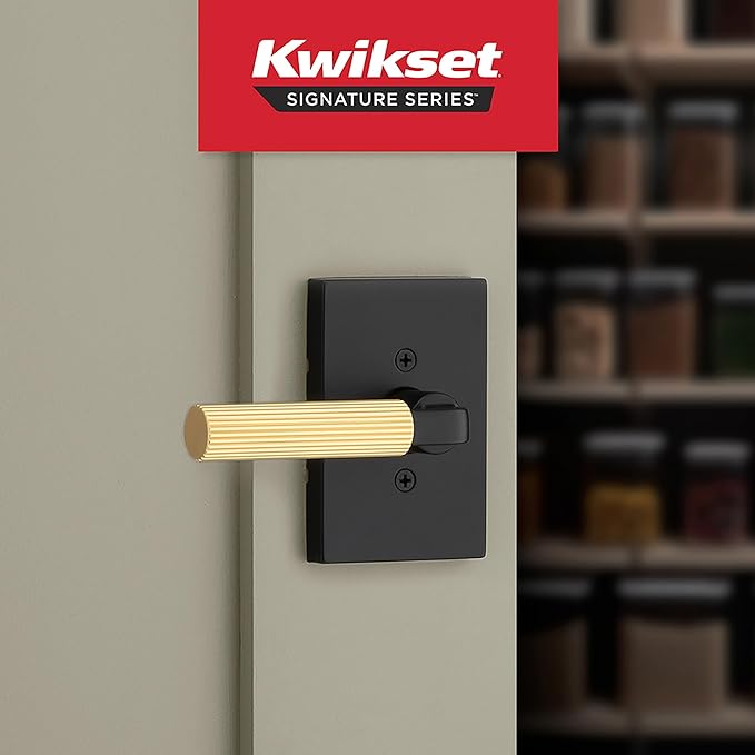 Kwikset Mirada Reeded Dummy Door Handle, Single Sided Lever for Closets, French Double Doors, and Pantry, Matte Black Satin Brass, Non-Turning Reversible Push/Pull Lever, with Microban Protection