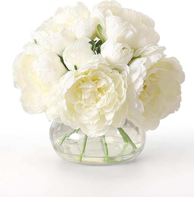 Garvee Artificial Peonies Flowers with Vase, Mixed White Silk Peony Bouquet with Faux Water in Glass Vase, Lifelike Fake Peonies Floral Arrangement for Table Centerpiece, Wedding, Party, Home Decor