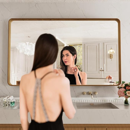 LOAAO 60X40 Inch Bathroom Mirror with Wood Grain Colored Metal Frame | Rounded Rectangle Metal Framed, Anti-Rust, Hangs Horizontally or Vertically, Tempered Glass