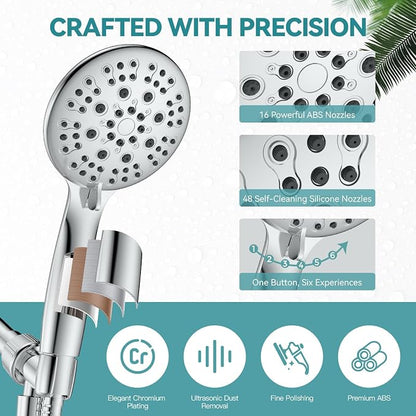 JDO High Pressure Handheld Shower Head, 6 Spray Settings, 4.3" High Flow Hand Shower Set with 59" Stainless Steel Hose and Adjustable Bracket for Bathroom Gym Hotel