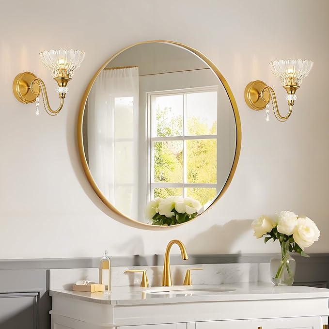 1 Piece Vintage Wall Sconce, 1-Light Brushed Gold Finish Wall Sconce with Hanging Crystal Accents and Flower-Shaped Amber Shades for Bathroom Bedroom Living Room,Vintage Vanity Light